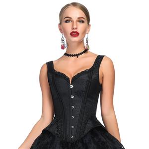 Vintage Black Wide Shoulder Straps Plastic Bone Shapewear Jacquard Overbust Corset N18640