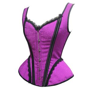 Vintage Purple Wide Shoulder Straps Plastic Bone Shapewear Jacquard Overbust Corset N19058