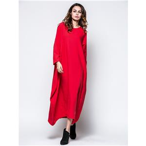 Simple Red Solid Cotton Long Sleeve Round Neck Loose Waist Autumn Maxi Dress N19580