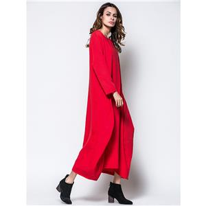 Simple Red Solid Cotton Long Sleeve Round Neck Loose Waist Autumn Maxi Dress N19580