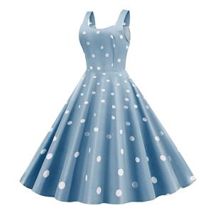 Vintage Hepburn Sleeveless Scoop Neck Polka Dots Print High Waist Summer Swing Dress N20422
