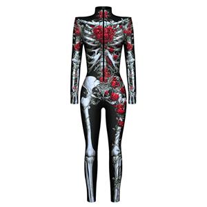 Skeleton Printed Jumpsuit, Halloween Skeleton High Neck Slim Fit Bodysuit, Halloween Bodycon Jumpsuit, Long Sleeve High Neck Jumpsuit, Halloween Skeleton Jumpsuit for Women, #N22333