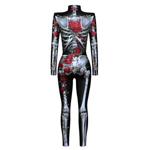 Red Rose Skeleton 3D Printed Unitard Humanoid High Neck Bodysuit Halloween Cosplay Costume N22333
