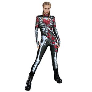 Red Rose Skeleton 3D Printed Unitard Humanoid High Neck Bodysuit Halloween Cosplay Costume N22333
