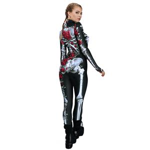 Red Rose Skeleton 3D Printed Unitard Humanoid High Neck Bodysuit Halloween Cosplay Costume N22333