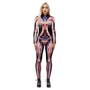 Horrible Skull Printed Jumpsuit, Halloween Skeleton High Neck Slim Fit Bodysuit, Halloween Bodycon Jumpsuit, Long Sleeve High Neck Jumpsuit, Halloween Skeleton Jumpsuit for Women, #N21245