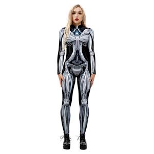 Horrible Skull Printed Jumpsuit, Halloween Skeleton High Neck Slim Fit Bodysuit, Halloween Bodycon Jumpsuit, Long Sleeve High Neck Jumpsuit, Halloween Skeleton Jumpsuit for Women, #N21246