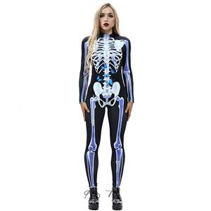 Horrible Skull Printed Jumpsuit, Halloween Skeleton High Neck Slim Fit Bodysuit, Halloween Bodycon Jumpsuit, Long Sleeve High Neck Jumpsuit, Halloween Skeleton Jumpsuit for Women, #N18234