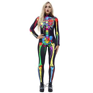 Horrible Skull Printed Jumpsuit, Halloween Skeleton High Neck Slim Fit Bodysuit, Halloween Bodycon Jumpsuit, Long Sleeve High Neck Jumpsuit, Halloween Skeleton Jumpsuit for Women, #N18236
