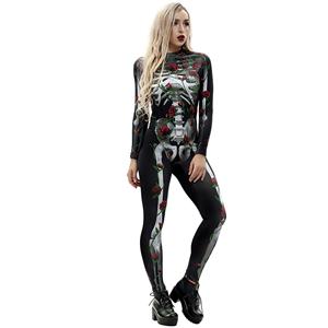 Scary Skull and Red Roses Unitard 3D Printed Skeleton High Neck Bodysuit Halloween Costume N18237