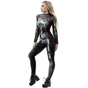 Scary Skull and Red Roses Unitard 3D Printed Skeleton High Neck Bodysuit Halloween Costume N18237