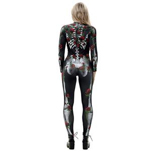 Scary Skull and Red Roses Unitard 3D Printed Skeleton High Neck Bodysuit Halloween Costume N18237