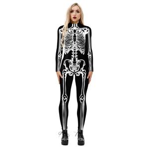 Scary White Bone 3D Digital Printed Unitard Skeleton High Neck Bodysuit Halloween Costume N21395