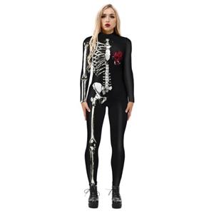 Sexy White Bones 3D Printed Unitard Skeleton High Neck Bodysuit Halloween Cosplay Costume N21398