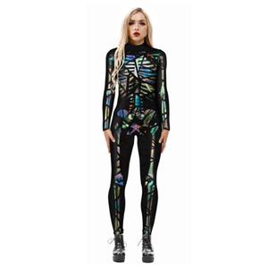 Fashion Laser Color 3D Printed Unitard Skeleton High Neck Bodysuit Halloween Cosplay Costume N21399