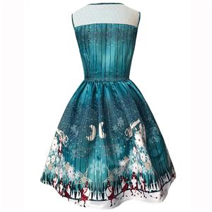 Women's Round Neck Sleeveless Printed Flared Cocktail Party Christmas Dress N14994