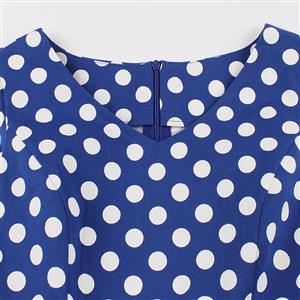 Women's Vintage Blue Sleeveless V Neck Polka Dot Print Midi Swing Summer Day Dress N16446