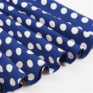 Women's Vintage Blue Sleeveless V Neck Polka Dot Print Midi Swing Summer Day Dress N16446