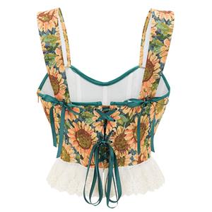 Women's Vintage Sunflower Corset Crop Top Strap Boned Bustier Cute Party Bodyshaper N23477