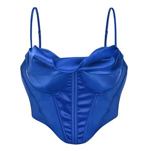 Sexy Blue Smooth Satin 10 Plastic Boned B Cup Bustier Bra Music Festival Clubwear Crop Top N22502