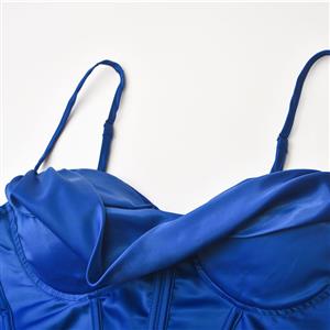 Sexy Blue Smooth Satin 10 Plastic Boned B Cup Bustier Bra Music Festival Clubwear Crop Top N22502