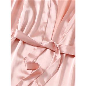 Sexy Smooth Satin Sleepwear Long Sleeve Open Robe Thin Nightgown Bathrobe with Sash N21930