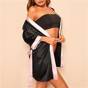 Sexy Smooth Satin Sleepwear Half Sleeve Open Robe Thin Nightgown Bathrobe with Sash N21928