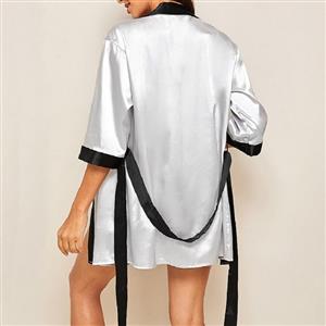 Sexy Smooth Satin Sleepwear Half Sleeve Open Robe Thin Nightgown Bathrobe with Sash N21929