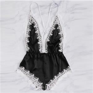 Sexy Black Satin Spaghetti Strap Deep-V Backless Lace Trim Bodysuit Teddy Lingerie N20645