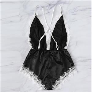 Sexy Black Satin Spaghetti Strap Deep-V Backless Lace Trim Bodysuit Teddy Lingerie N20645