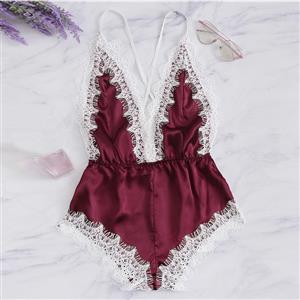 Sexy Wine-red Satin Spaghetti Strap Deep-V Backless Lace Trim Bodysuit Teddy Lingerie N20647