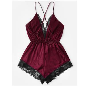 Sexy Wine-red Satin Lace Trim Spaghetti Strap Backless Bodysuit Teddy Lingerie N20648
