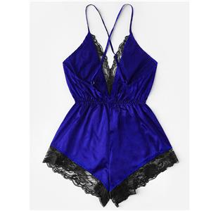 Sexy Royal-blue Satin Lace Trim Spaghetti Strap Backless Bodysuit Teddy Lingerie N20649