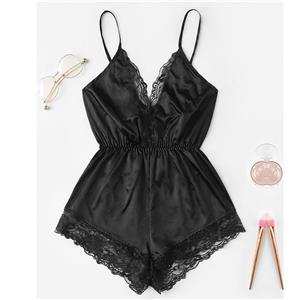 Sexy Black Satin Lace Trim Spaghetti Strap Backless Bodysuit Teddy Lingerie N20652