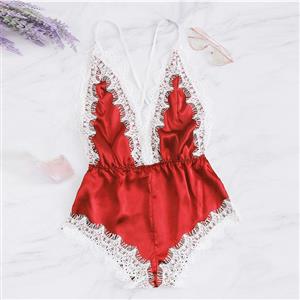 Sexy Red Satin Spaghetti Strap Deep-V Backless Lace Trim Bodysuit Teddy Lingerie N20644