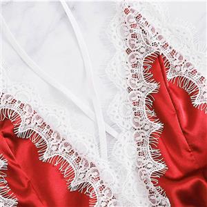 Sexy Red Satin Spaghetti Strap Deep-V Backless Lace Trim Bodysuit Teddy Lingerie N20644