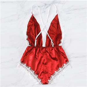 Sexy Red Satin Spaghetti Strap Deep-V Backless Lace Trim Bodysuit Teddy Lingerie N20644