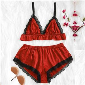 Sexy Red Satin Spaghetti Strap Lace Trim Bra Top and Panty Lingerie Set N20658
