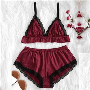 Sexy Wine-red Satin Spaghetti Strap Lace Trim Bra Top and Panty Lingerie Set N20659