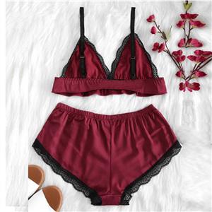Sexy Wine-red Satin Spaghetti Strap Lace Trim Bra Top and Panty Lingerie Set N20659