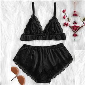 Sexy Black Satin Spaghetti Strap Lace Trim Bra Top and Panty Lingerie Set N20660