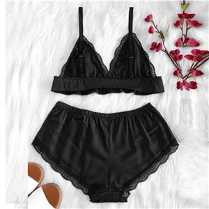 Sexy Black Satin Spaghetti Strap Lace Trim Bra Top and Panty Lingerie Set N20660