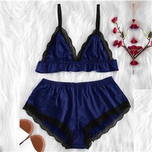 Sexy Blue Satin Spaghetti Strap Lace Trim Bra Top and Panty Lingerie Set N20662