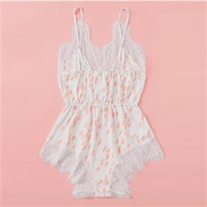 Sexy White Dots Print Spaghetti Straps Low-cut Lace Trim Bodysuit Teddy Lingerie N20813