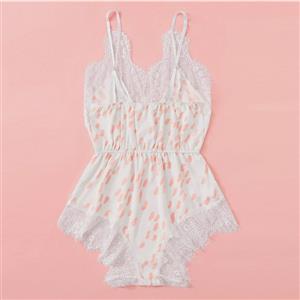 Sexy White Dots Print Spaghetti Straps Low-cut Lace Trim Bodysuit Teddy Lingerie N20813