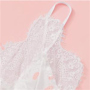 Sexy White Dots Print Spaghetti Straps Low-cut Lace Trim Bodysuit Teddy Lingerie N20813