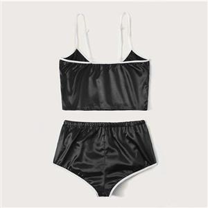 Sexy Black Satin Spaghetti Strap White Lines Camisole and Panty Two-piece Lingerie Set N21217