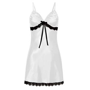 Sexy White Spaghetti Straps Low-cut Black Lace Trim Bow Babydoll Nightwear Lingerie N21222