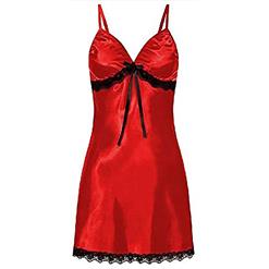 Sexy Red Spaghetti Straps Low-cut Black Lace Trim Bow Babydoll Nightwear Lingerie N21223