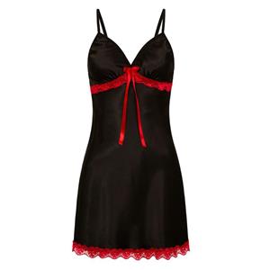 Sexy Black Spaghetti Straps Low-cut Red Lace Trim Bow Babydoll Nightwear Lingerie N21226